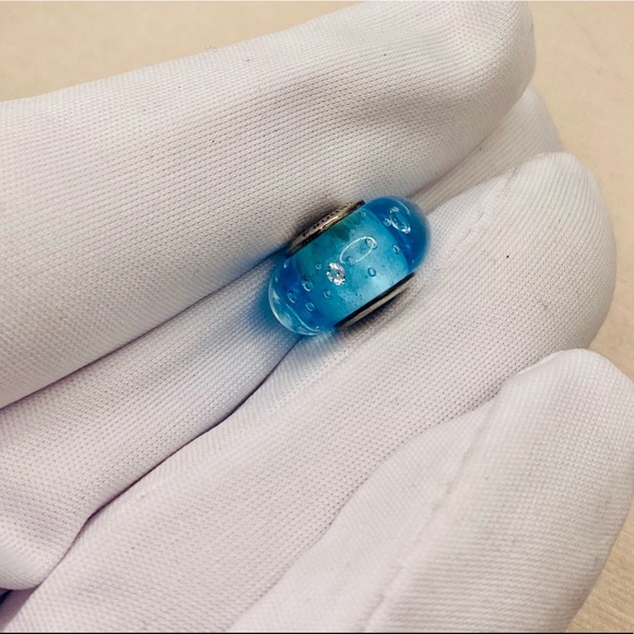EUC Pandora 791618CZ Sterling Silver Blue Effervescence Murano Glass Charm w/ CZ - Picture 5 of 8
